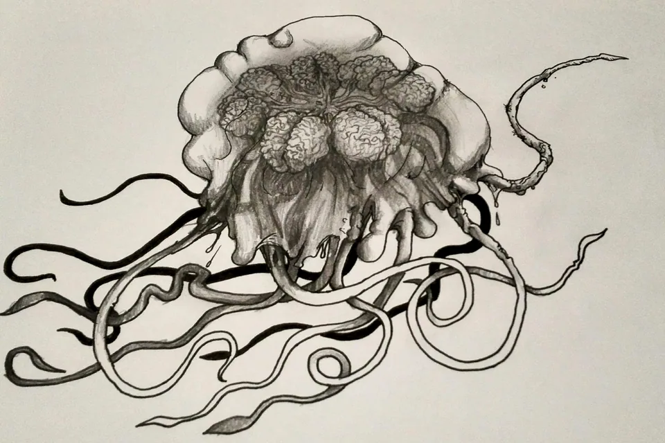AJ Pickett sketch of a floating brain-like jelly creature with long tendrils.