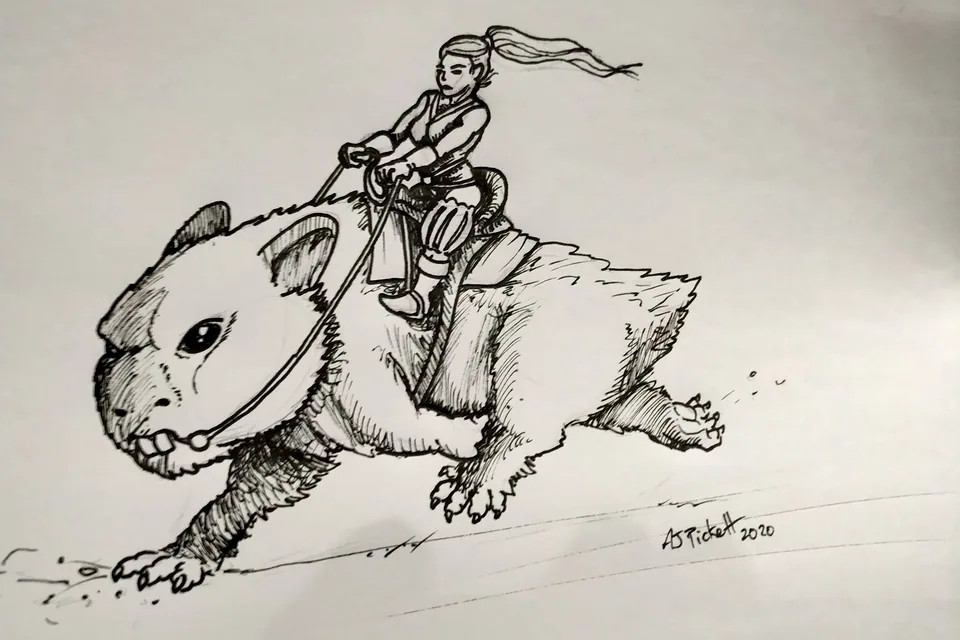 AJ Pickett sketch of a rider on a giant capybara-like mount.