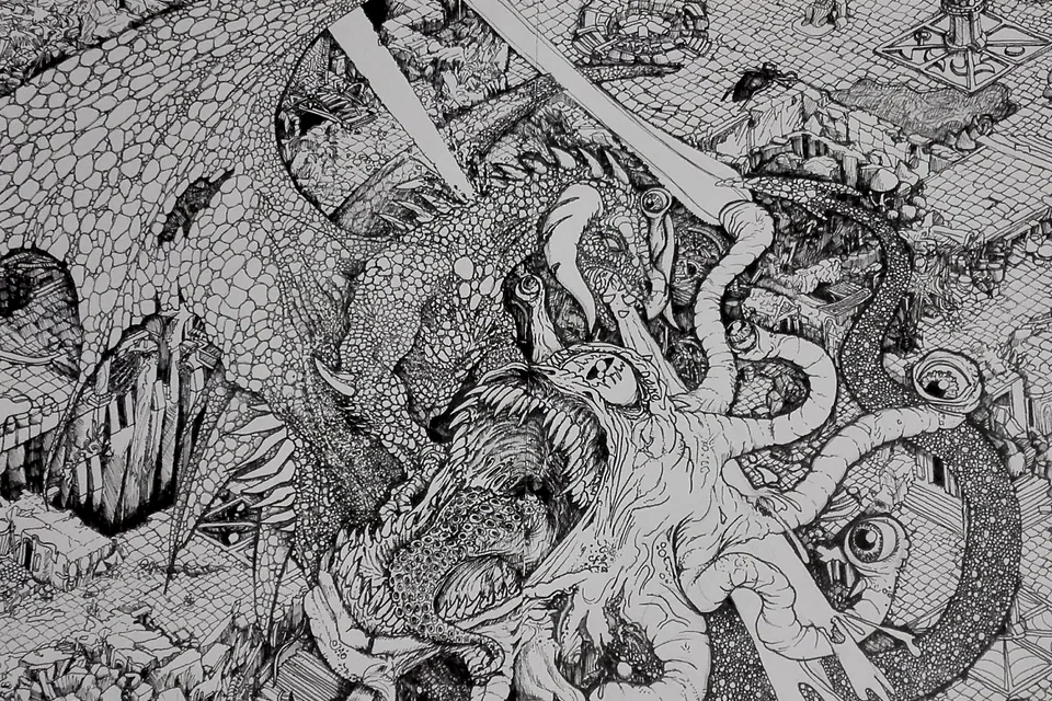 AJ Pickett panoramic ink scene of a dragon, tentacled monster, ruins, treasure, and adventurers.