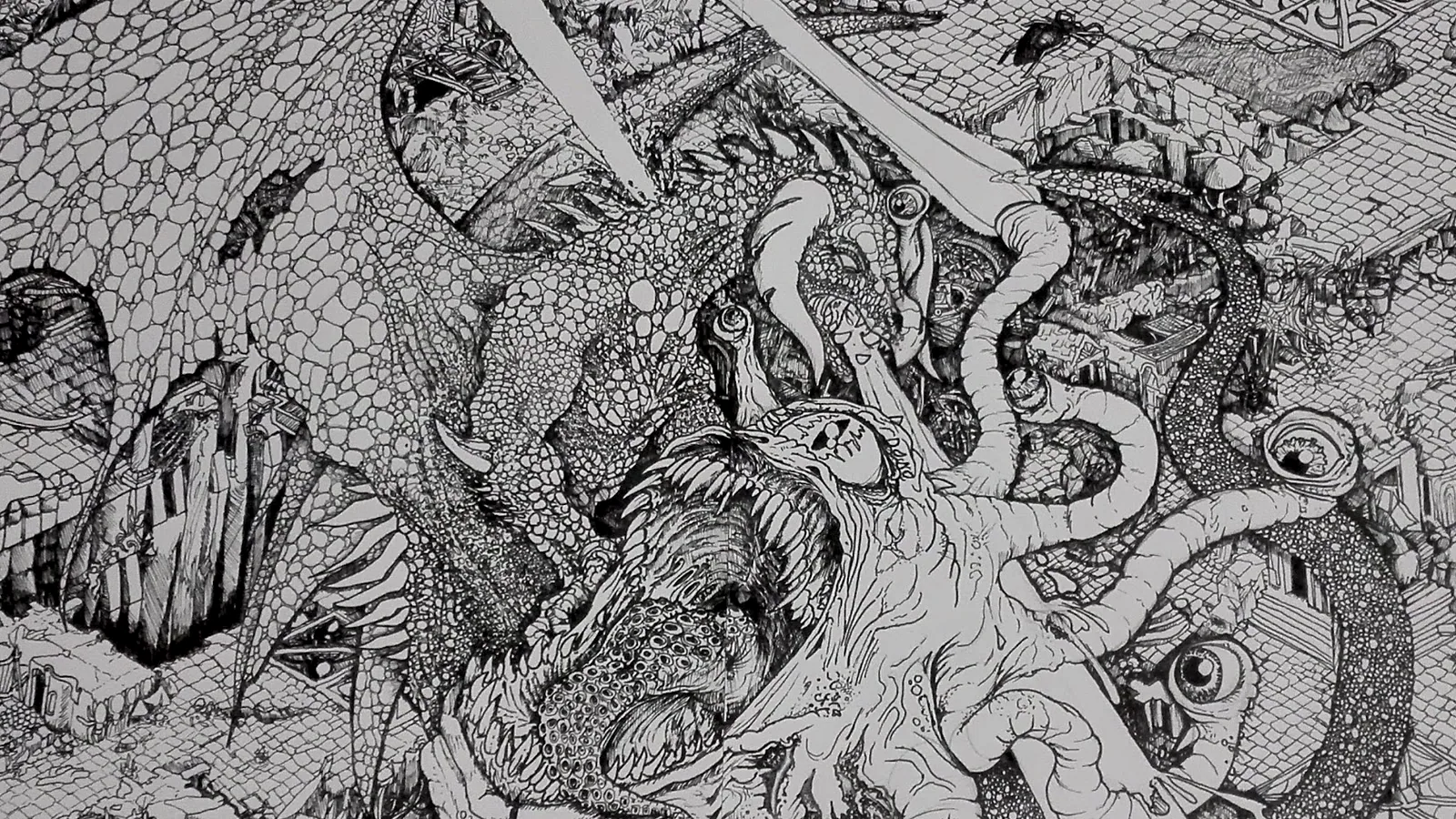 AJ Pickett panoramic ink scene of a dragon, tentacled monster, ruins, treasure, and adventurers.