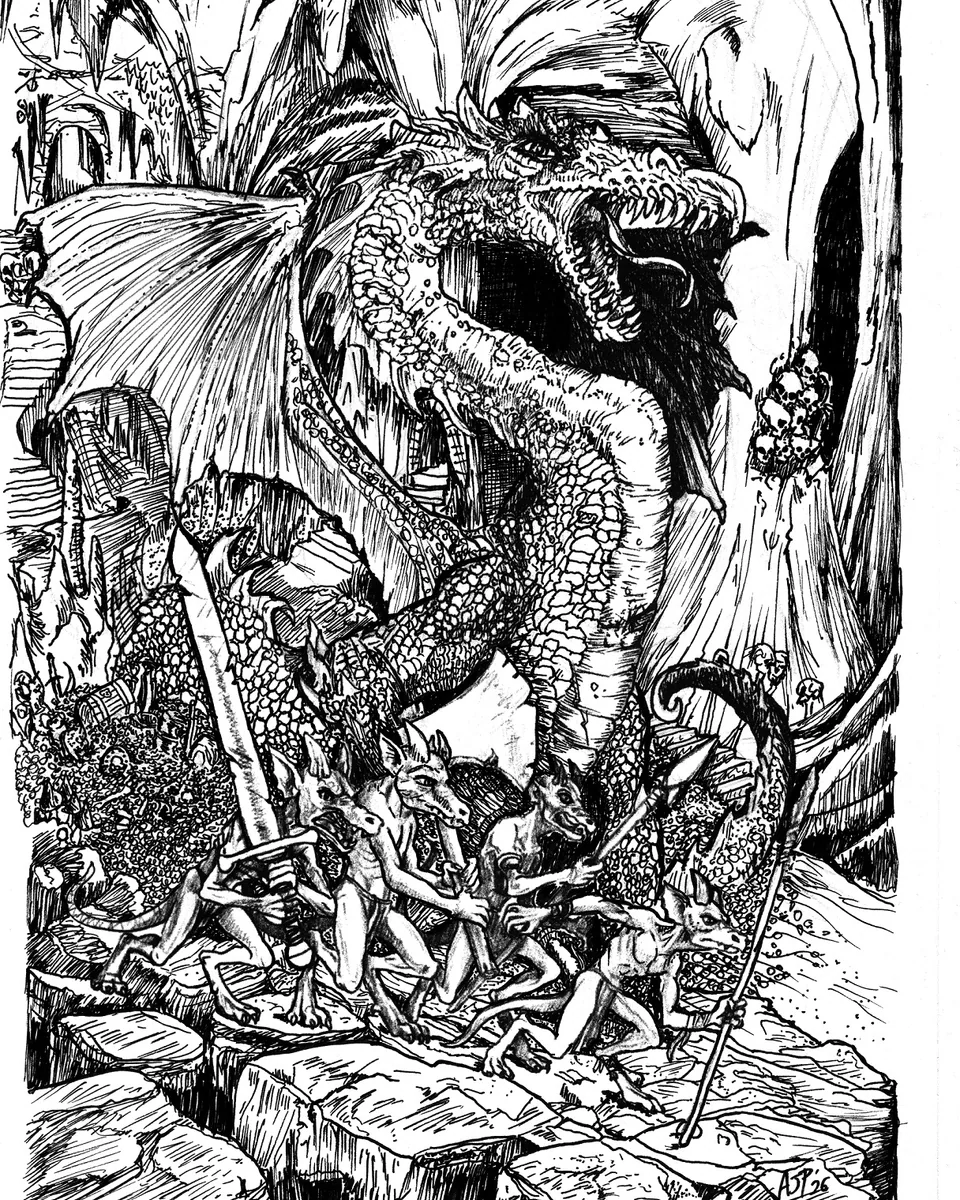 AJ Pickett ink illustration of a dragon looming over kobolds and treasure in a lair.