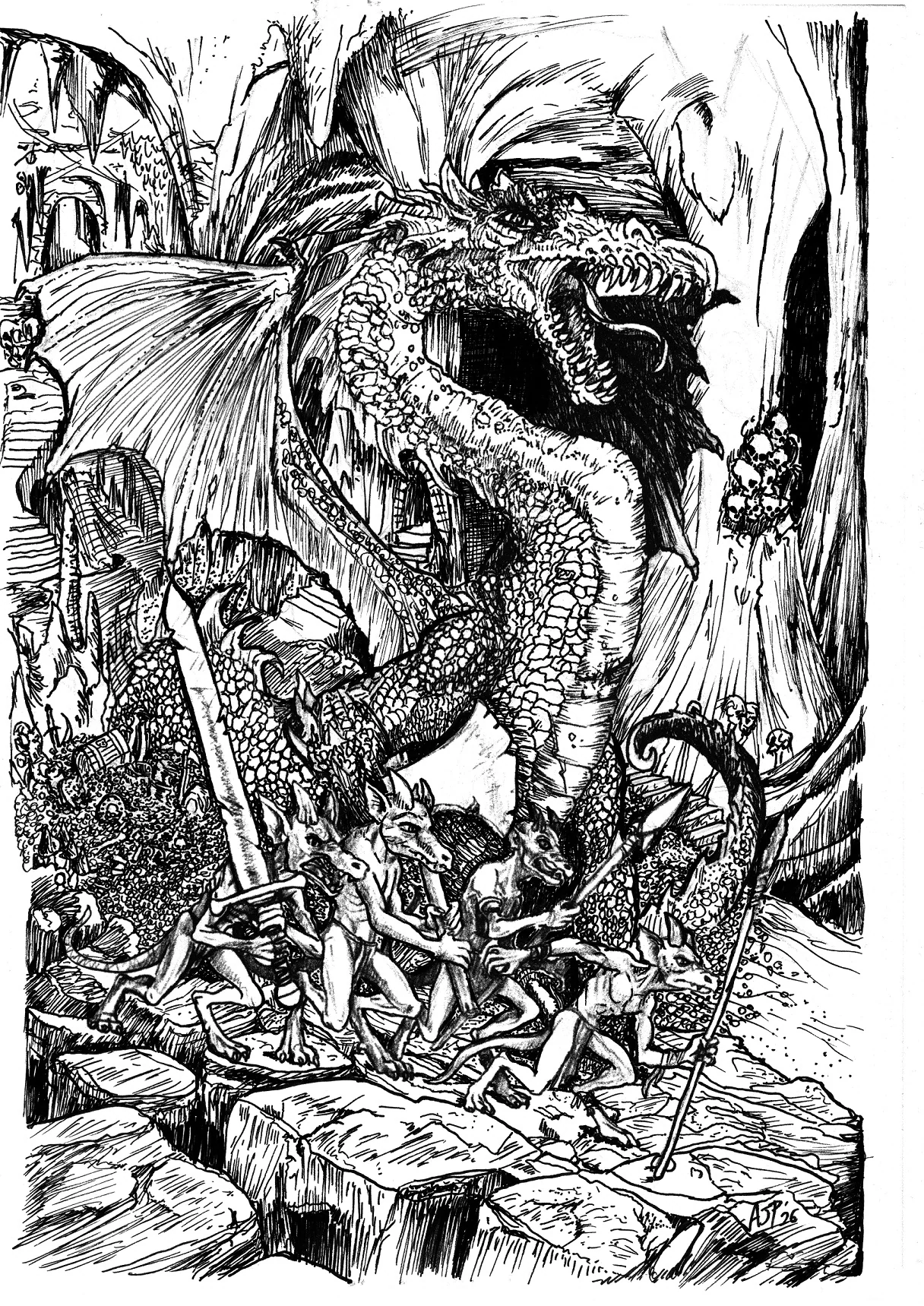 AJ Pickett ink illustration of a dragon looming over kobolds and treasure in a lair.