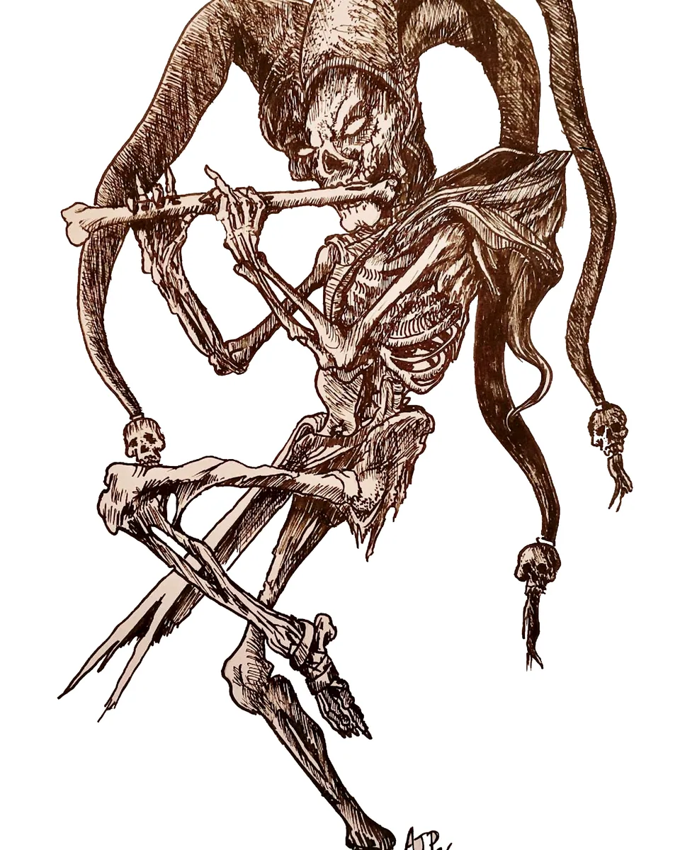 AJ Pickett sepia ink illustration of a skeletal jester playing a bone flute.