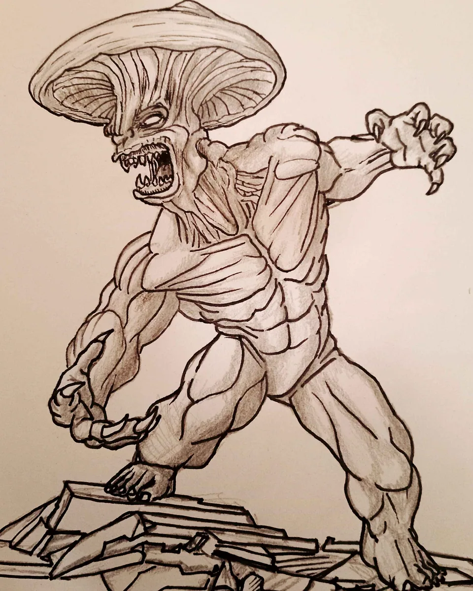 AJ Pickett pencil and ink illustration of a muscular mushroom-headed creature snarling on broken boards.