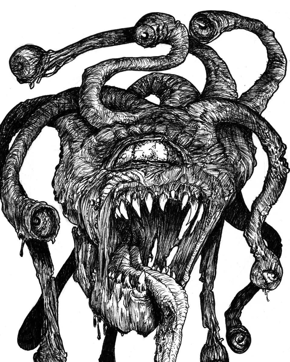 AJ Pickett black ink illustration of a many-eyed tentacled creature with a gaping mouth.