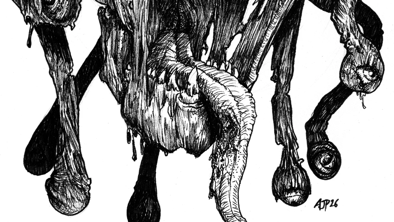 AJ Pickett black ink illustration of a many-eyed tentacled creature with a gaping mouth.