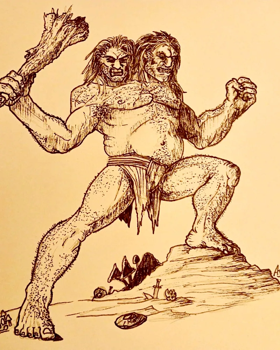 AJ Pickett ink illustration of a two-headed giant holding a club on a rocky mound.
